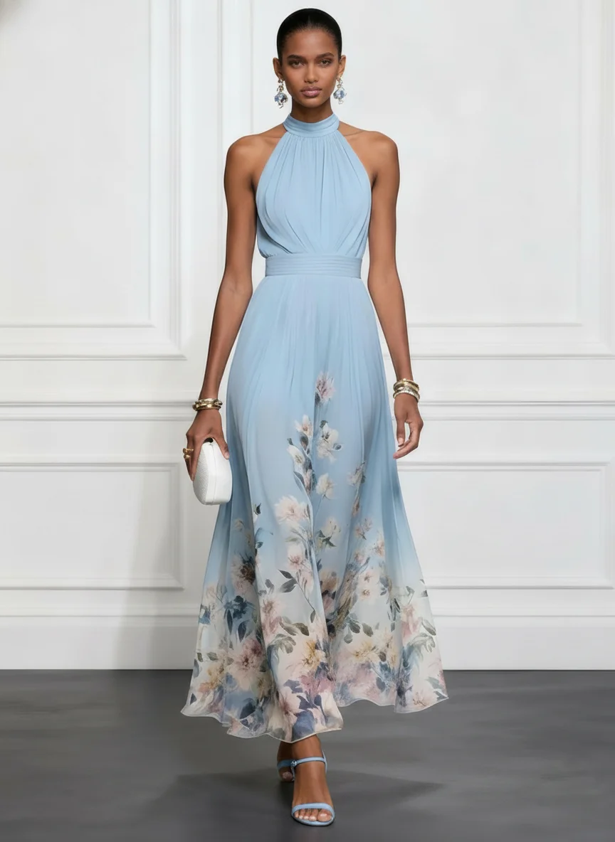 Light Blue Floral Chiffon Halter Sleeveless A-Line Maxi Dress