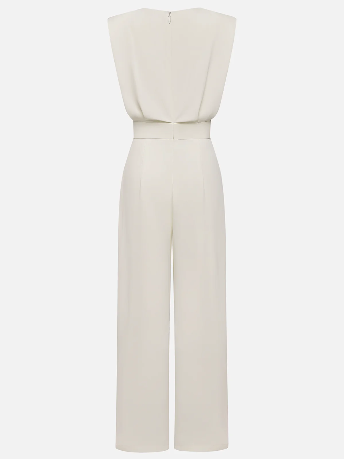 Women Off White Crew Neck Sleeveless Dressy Jumpsuit With Pockets