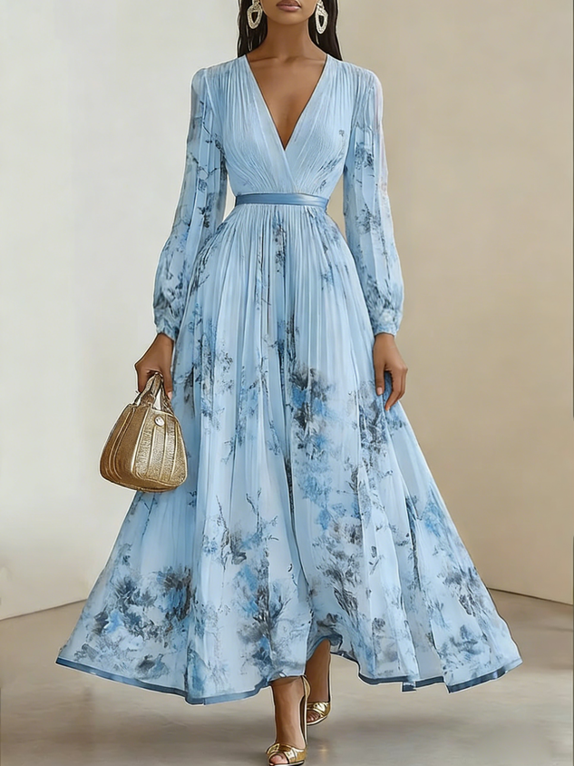 White Pleated Floral Chiffon V Neck Long Sleeve Balloon Sleeve A-Line Maxi Dress