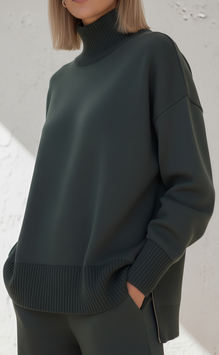 ??Casual Travel Stand Collar Side Zipper Top Straight Pants Two-Piece Set