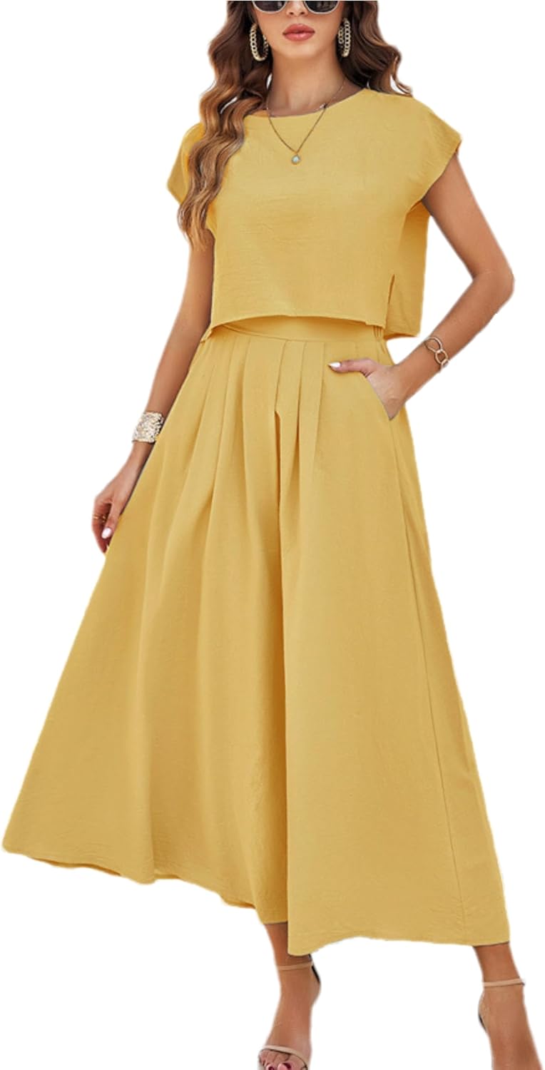 2025 Summer Skirt Sets Women 2 Piece Outfits Cap Sleeve Top Elastic Waist Maxi Dress Sets with Pockets
