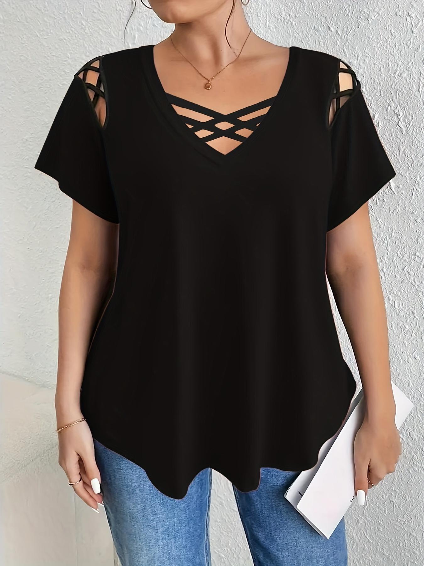 New Arrival🔥Elegant Women's Plus Size V-Neck Short Sleeve T-Shirt, Solid Color Cross Strap Detail, Casual Fashion Top for Ladies