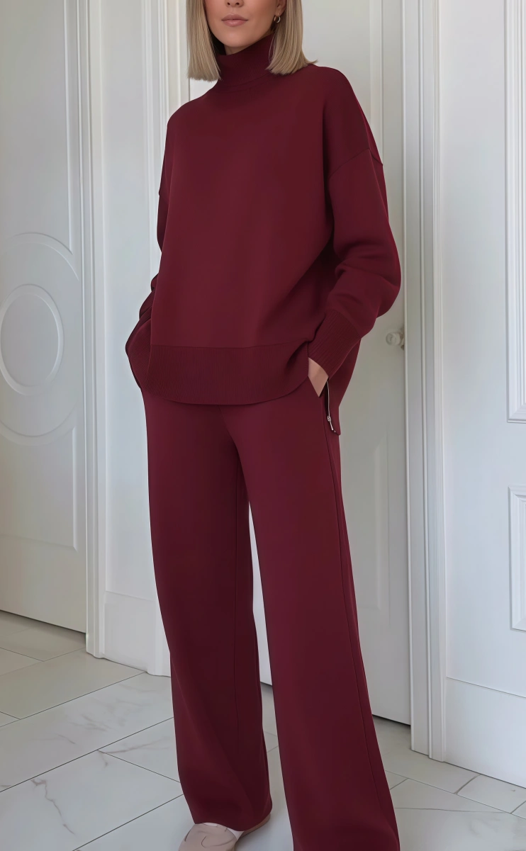??Casual Travel Stand Collar Side Zipper Top Straight Pants Two-Piece Set