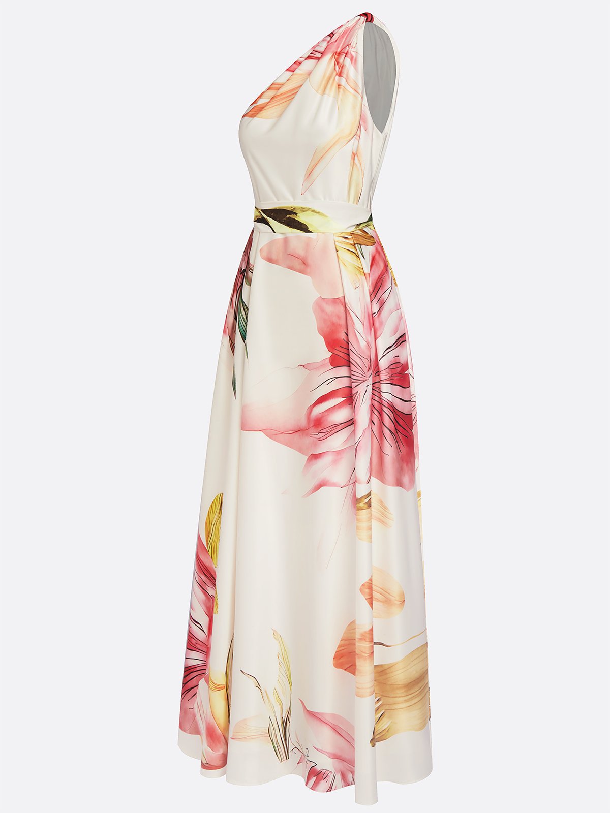 Pink Floral Satin One Shoulder Sleeveless A-Line Floor-length Gown With Pockets