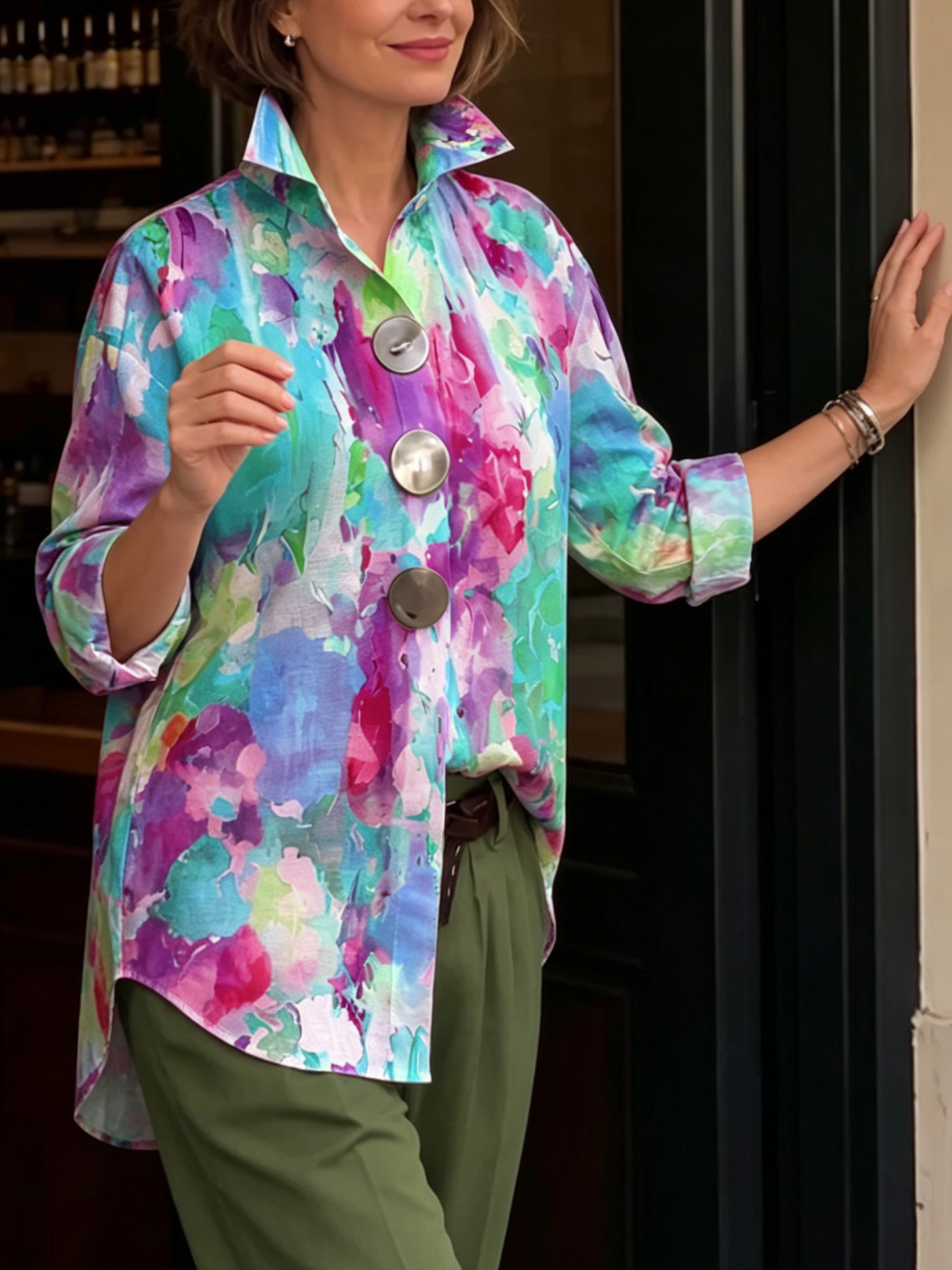 Artistic Watercolor Palette Print Metal-button Shirt