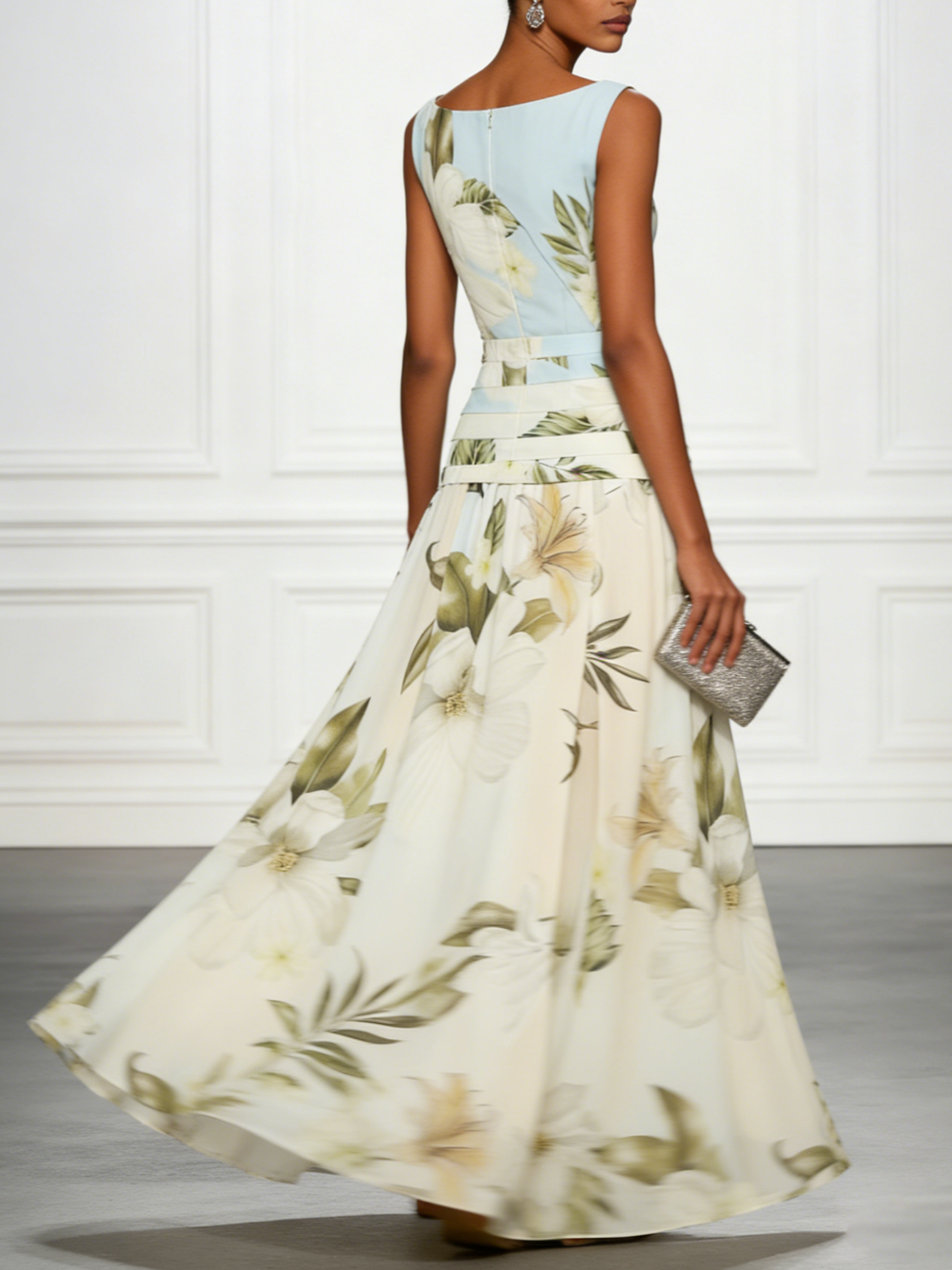 Light Blue Floral Ruched Classic Boat Neck Sleeveless A-Line Floor-length Gown Dress
