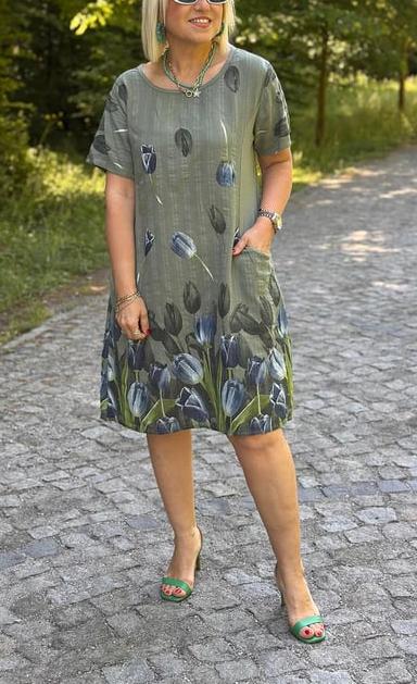 CLEARANCE??Women's Round Neck Pocket Tulip Pattern Cotton and Linen Dress
