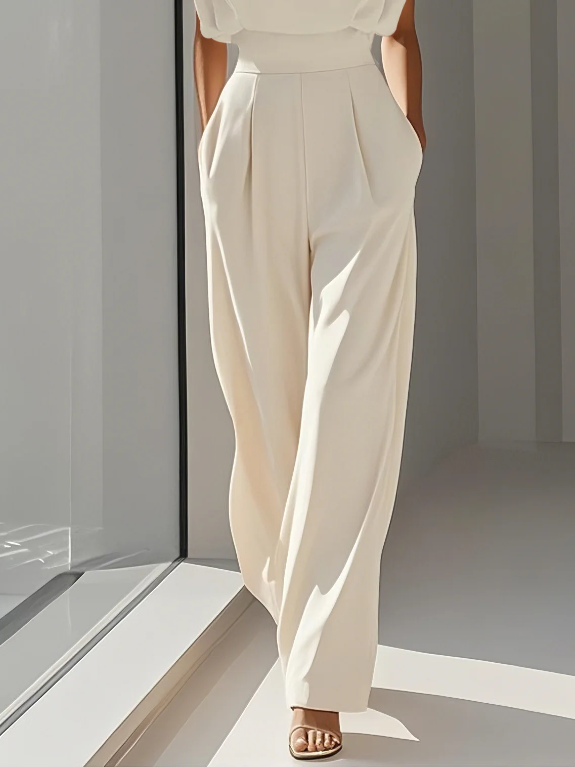 Women Off White Crew Neck Sleeveless Dressy Jumpsuit With Pockets