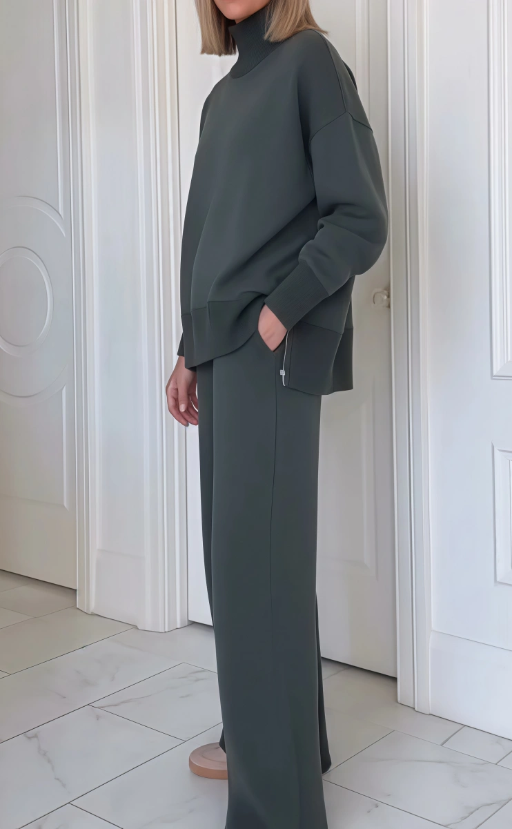 ??Casual Travel Stand Collar Side Zipper Top Straight Pants Two-Piece Set