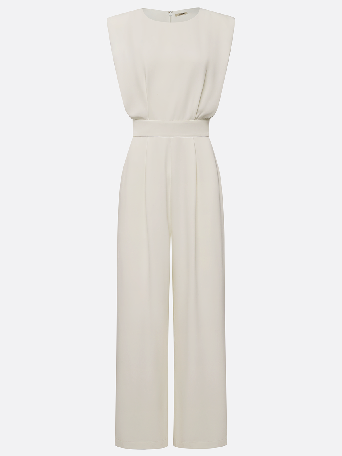 Women Off White Crew Neck Sleeveless Dressy Jumpsuit With Pockets