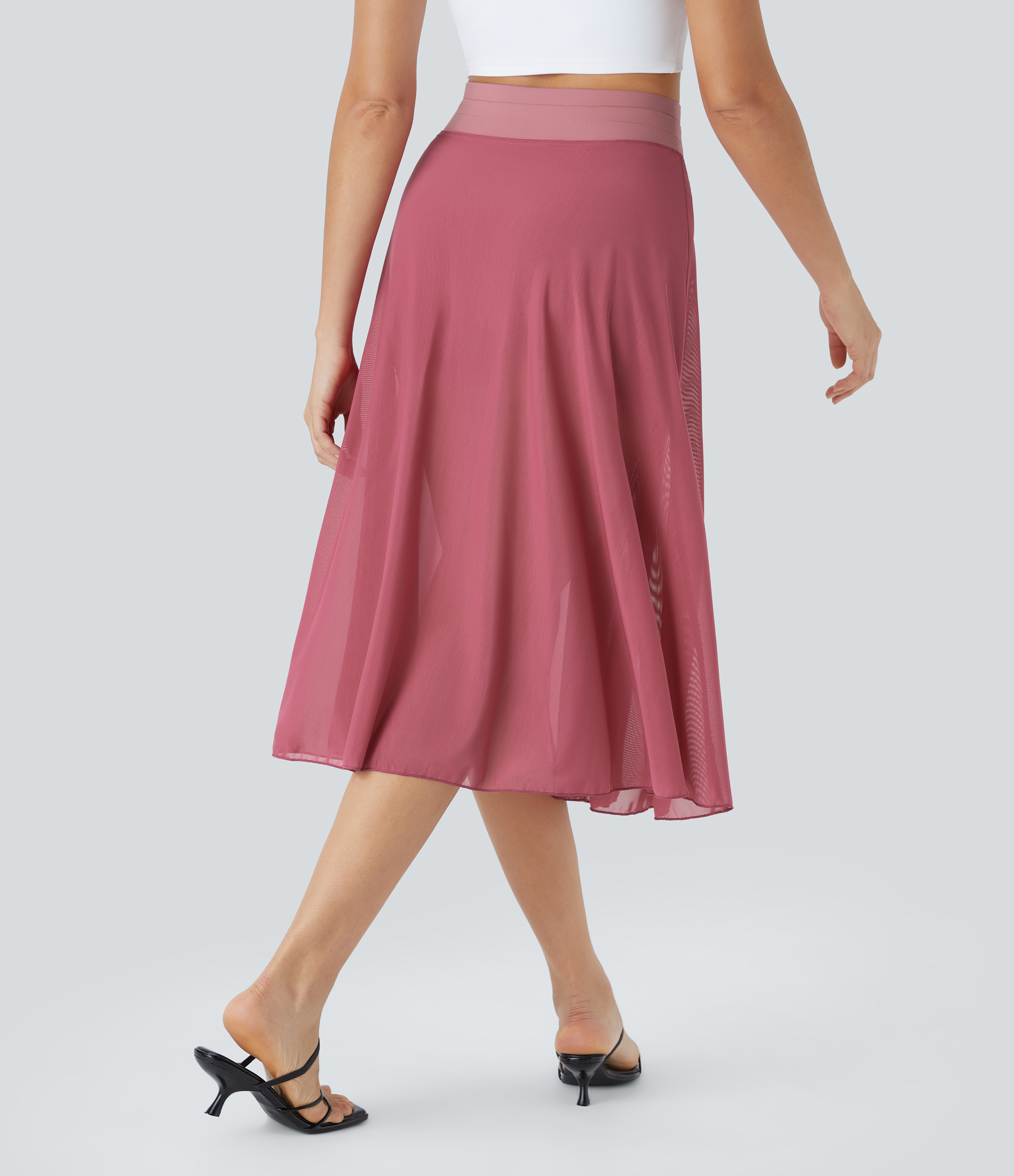 High Waisted Drawstring Contrast Mesh 2-in-1 Pocket Flowy Midi Flare Casual Skirt