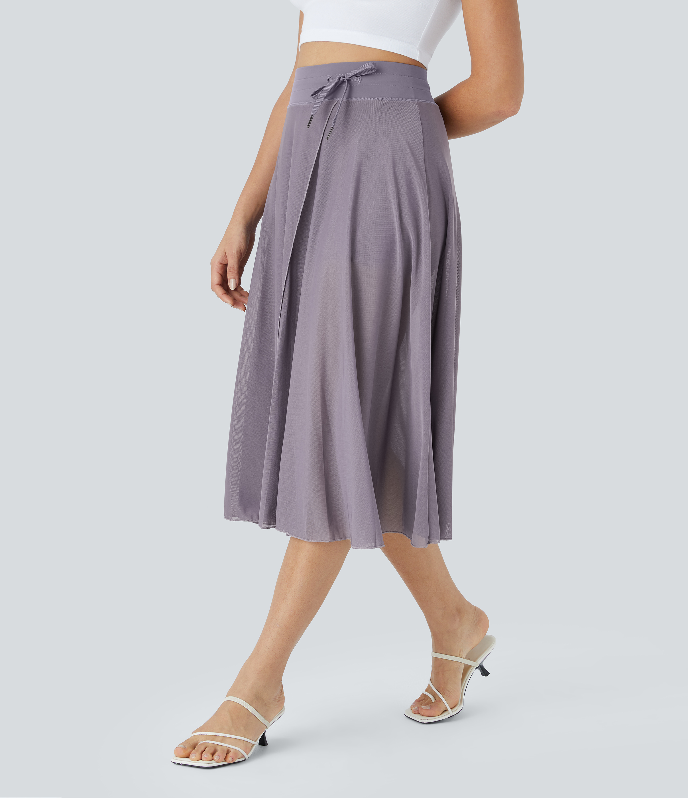 High Waisted Drawstring Contrast Mesh 2-in-1 Pocket Flowy Midi Flare Casual Skirt