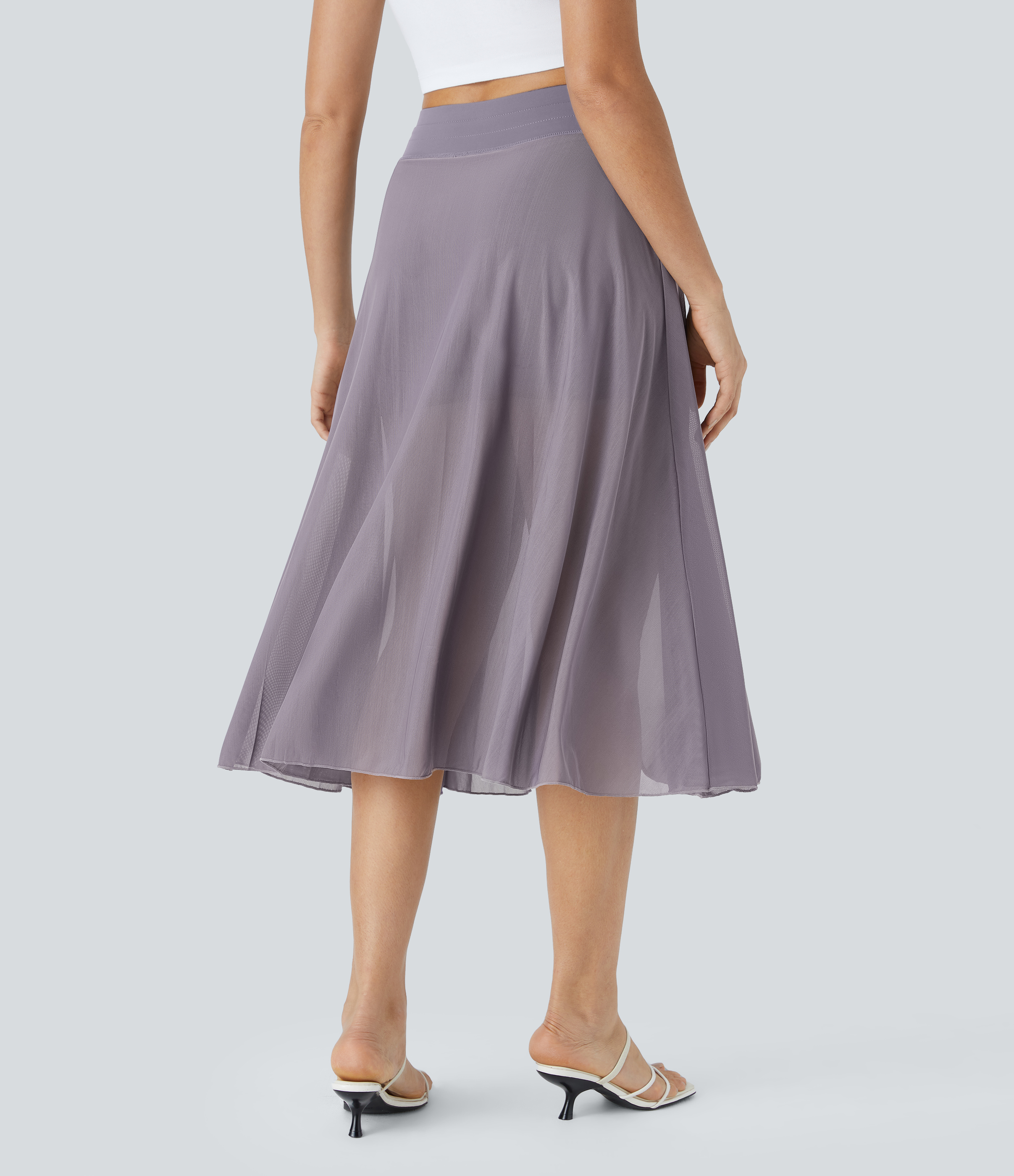 High Waisted Drawstring Contrast Mesh 2-in-1 Pocket Flowy Midi Flare Casual Skirt