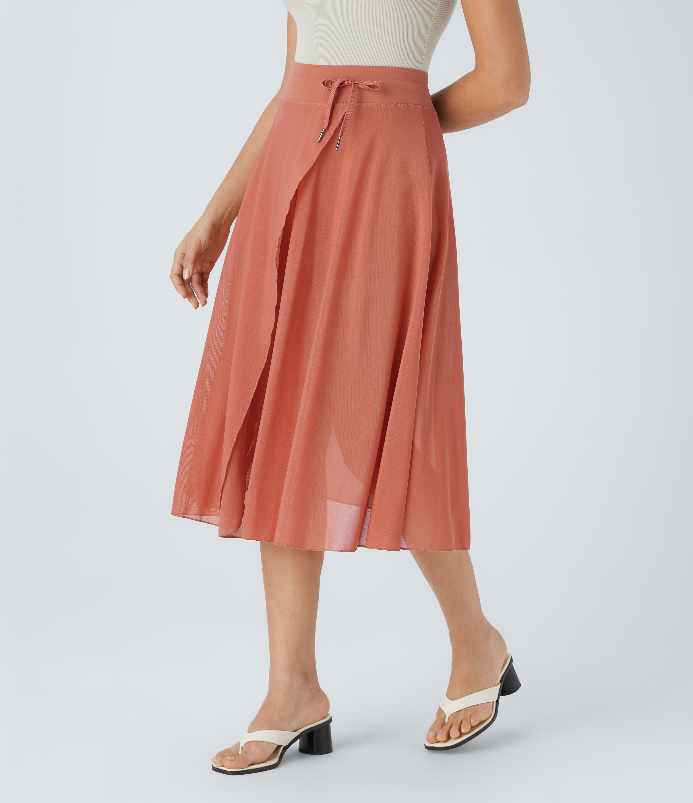 High Waisted Drawstring Contrast Mesh 2-in-1 Pocket Flowy Midi Flare Casual Skirt