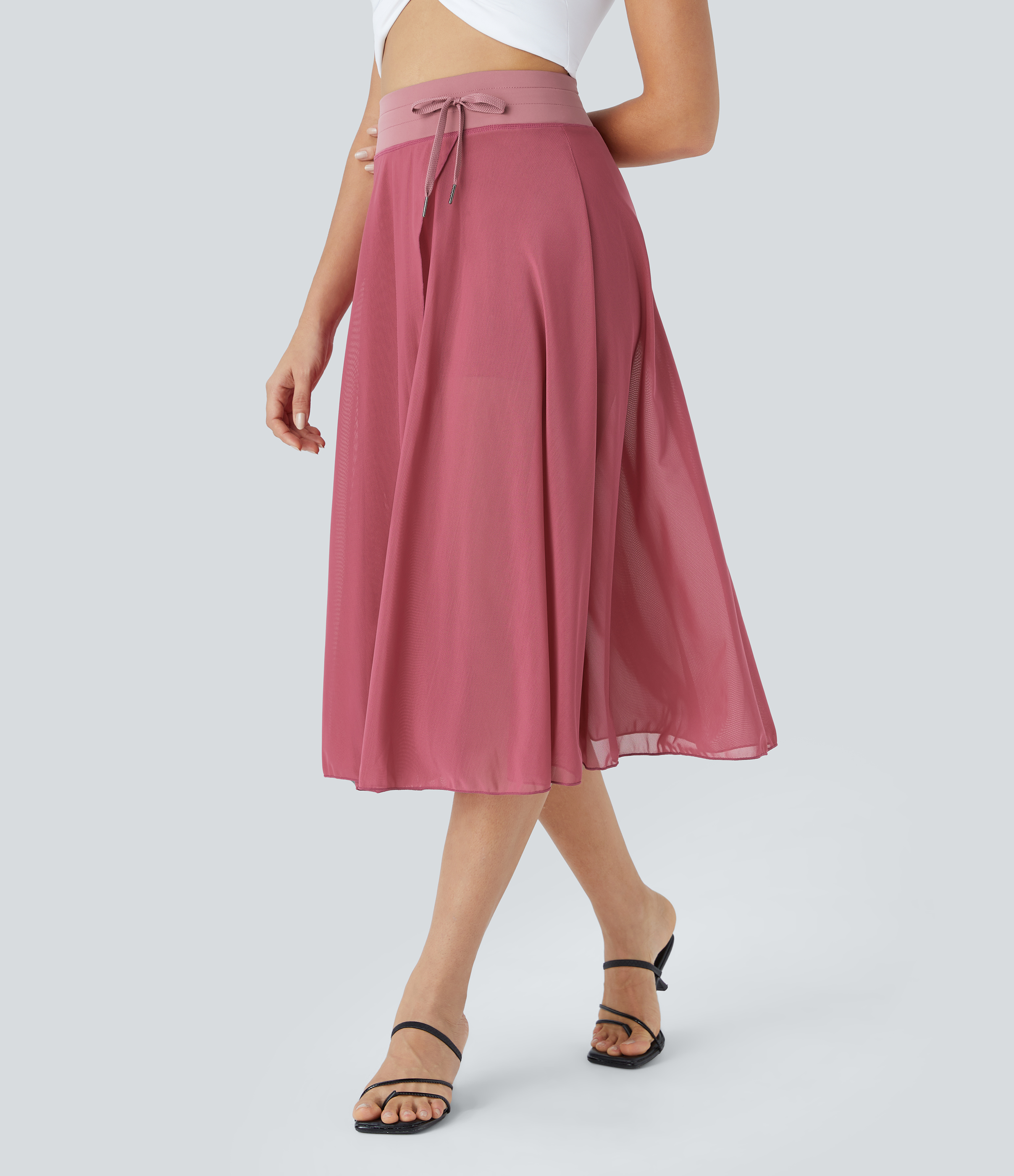 High Waisted Drawstring Contrast Mesh 2-in-1 Pocket Flowy Midi Flare Casual Skirt