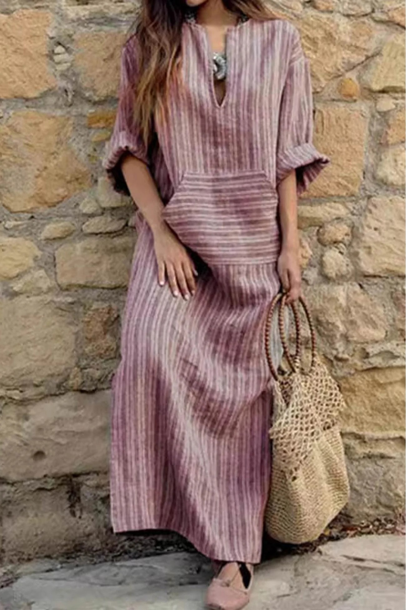 Cosy Cotton and Linen Striped Loose Maxi Dress