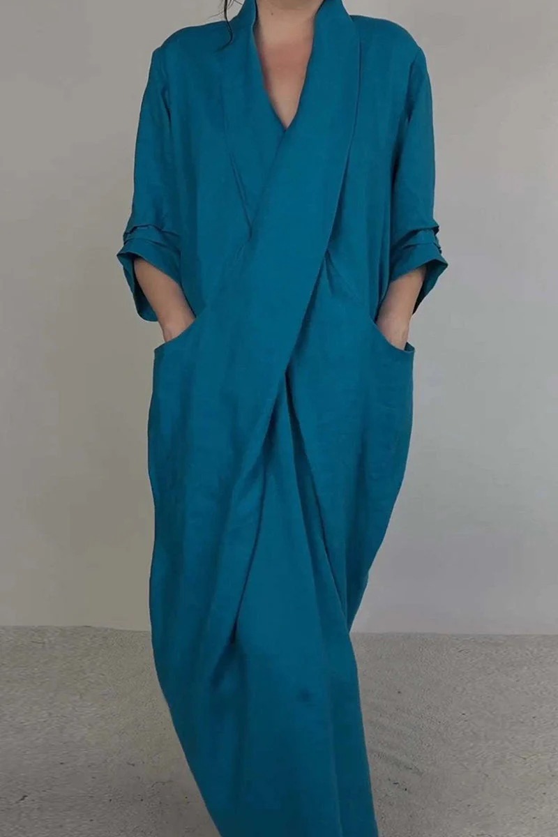 Spring Fall Maxi Dress Robe Baggy Cross V Neck Solid Color Large Pocket Retro A-line Bohemian