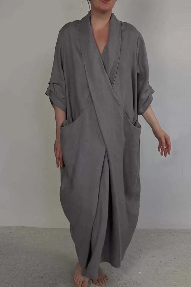 Spring Fall Maxi Dress Robe Baggy Cross V Neck Solid Color Large Pocket Retro A-line Bohemian