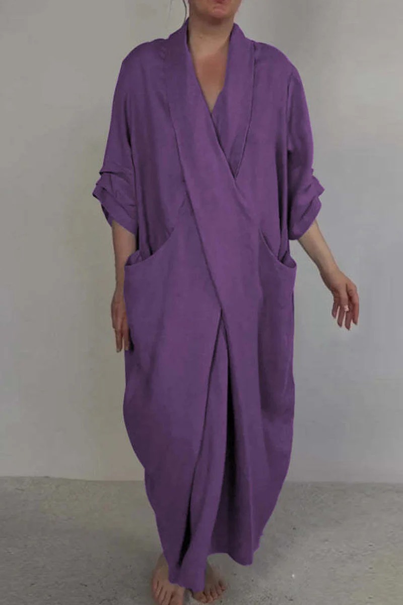 Spring Fall Maxi Dress Robe Baggy Cross V Neck Solid Color Large Pocket Retro A-line Bohemian
