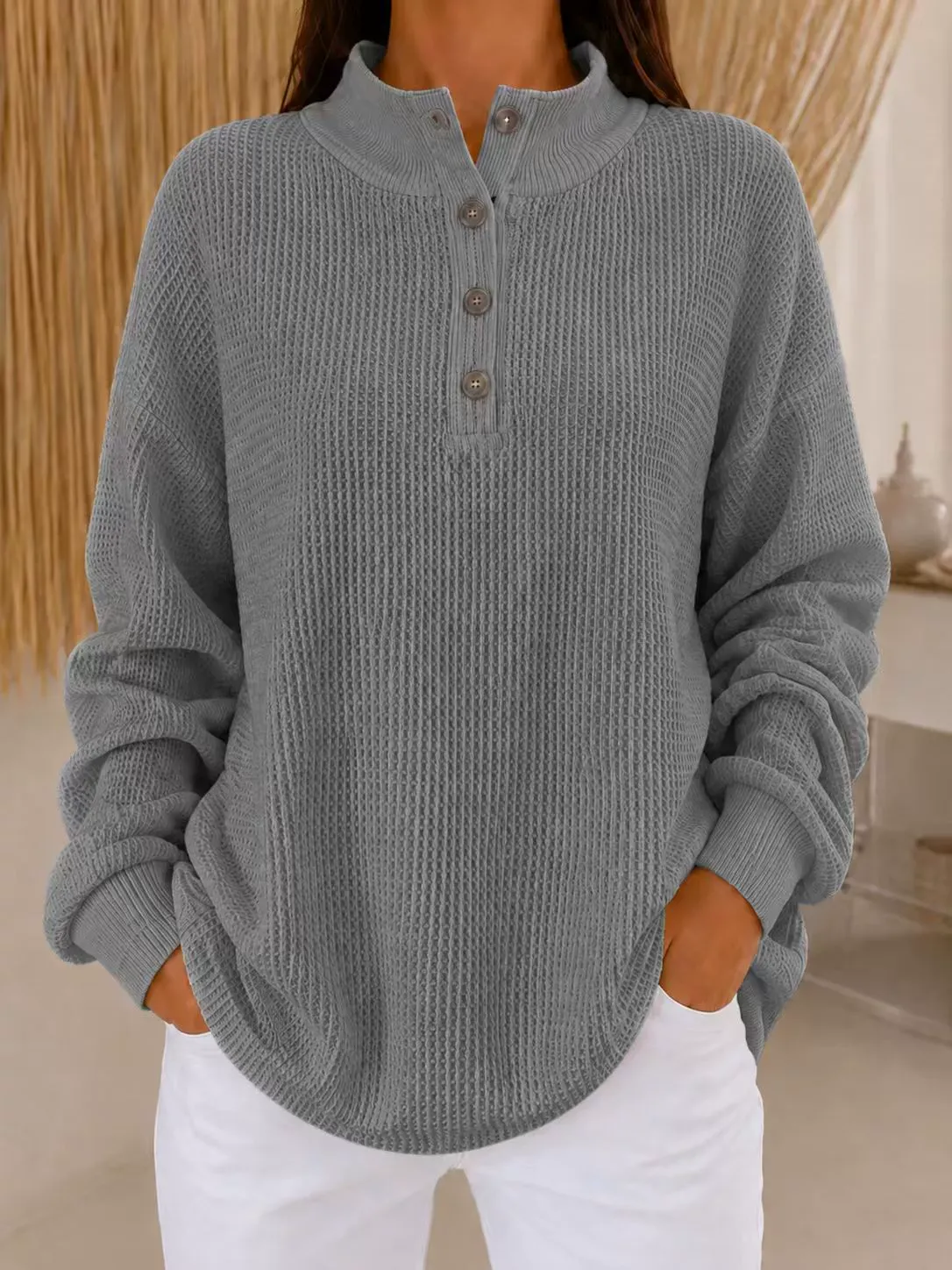 Women's Solid Color Crew Neck Long-Sleeve Loose Button-Up Shirt – Stylish Casual Style