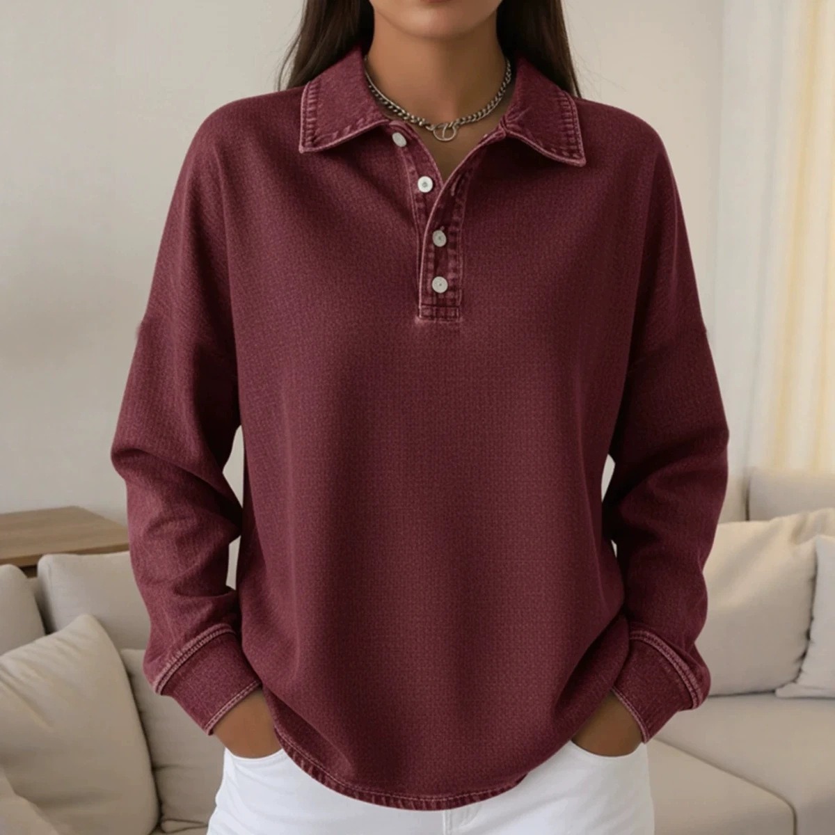 Women's Casual Loose-Fit Button-Front Denim Polo-Style T-Shirt