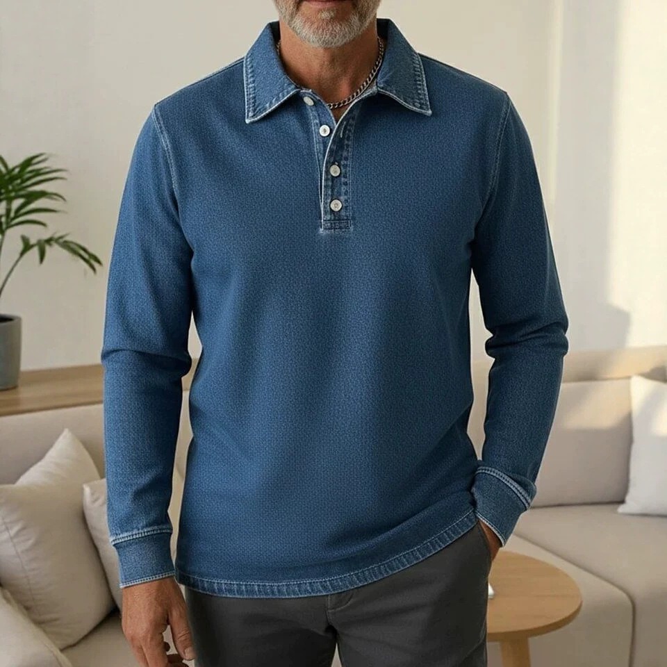 Men's Long-Sleeve Denim Henley Polo Shirt