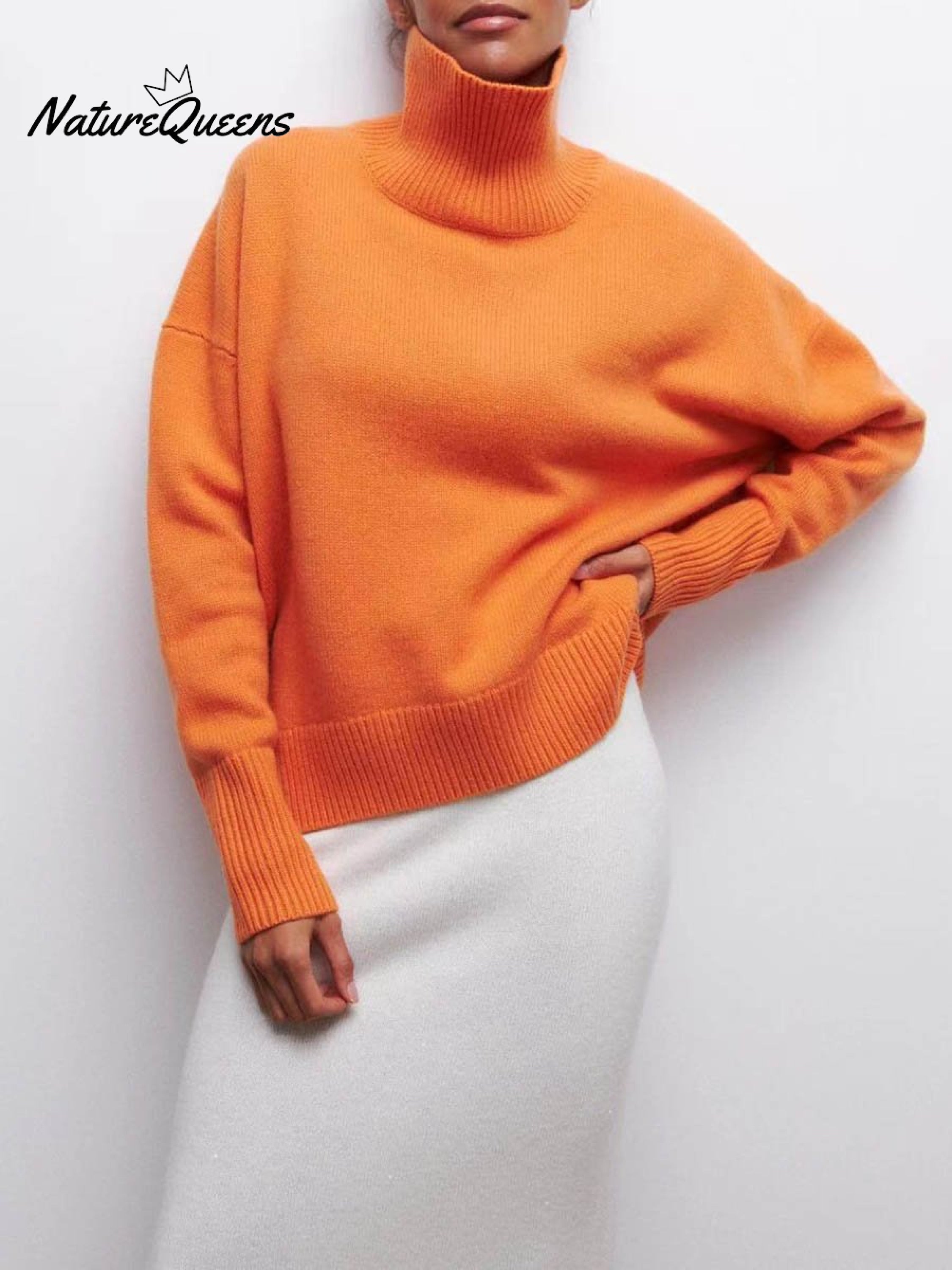 Women's Solid Color Stylish Long-sleeved Loose turtleneck Warm Casual Knitted Sweater