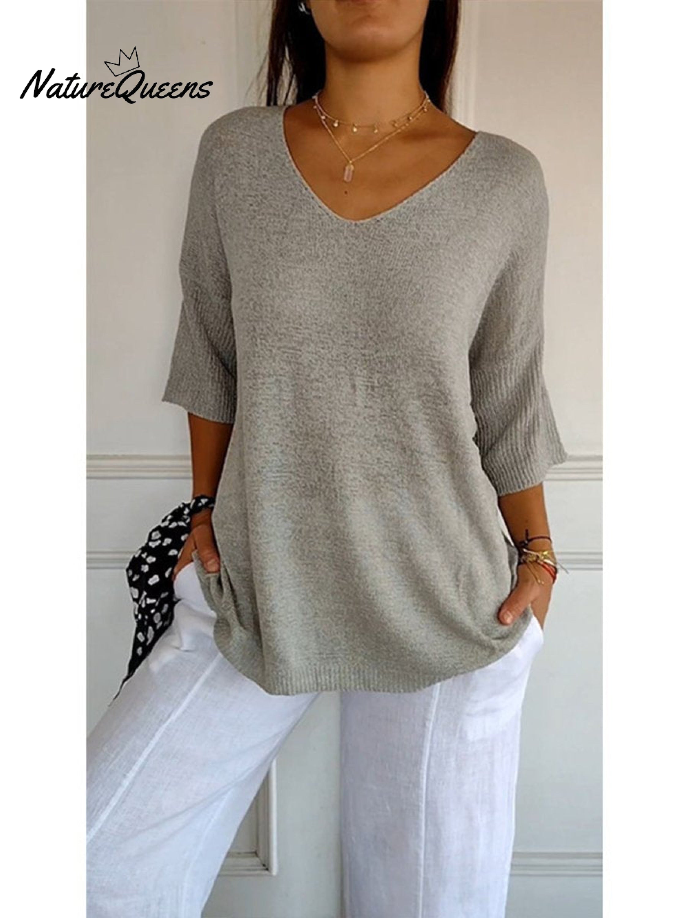 Women's Solid Color Knitted 3/4 Sleeve V-neck Top