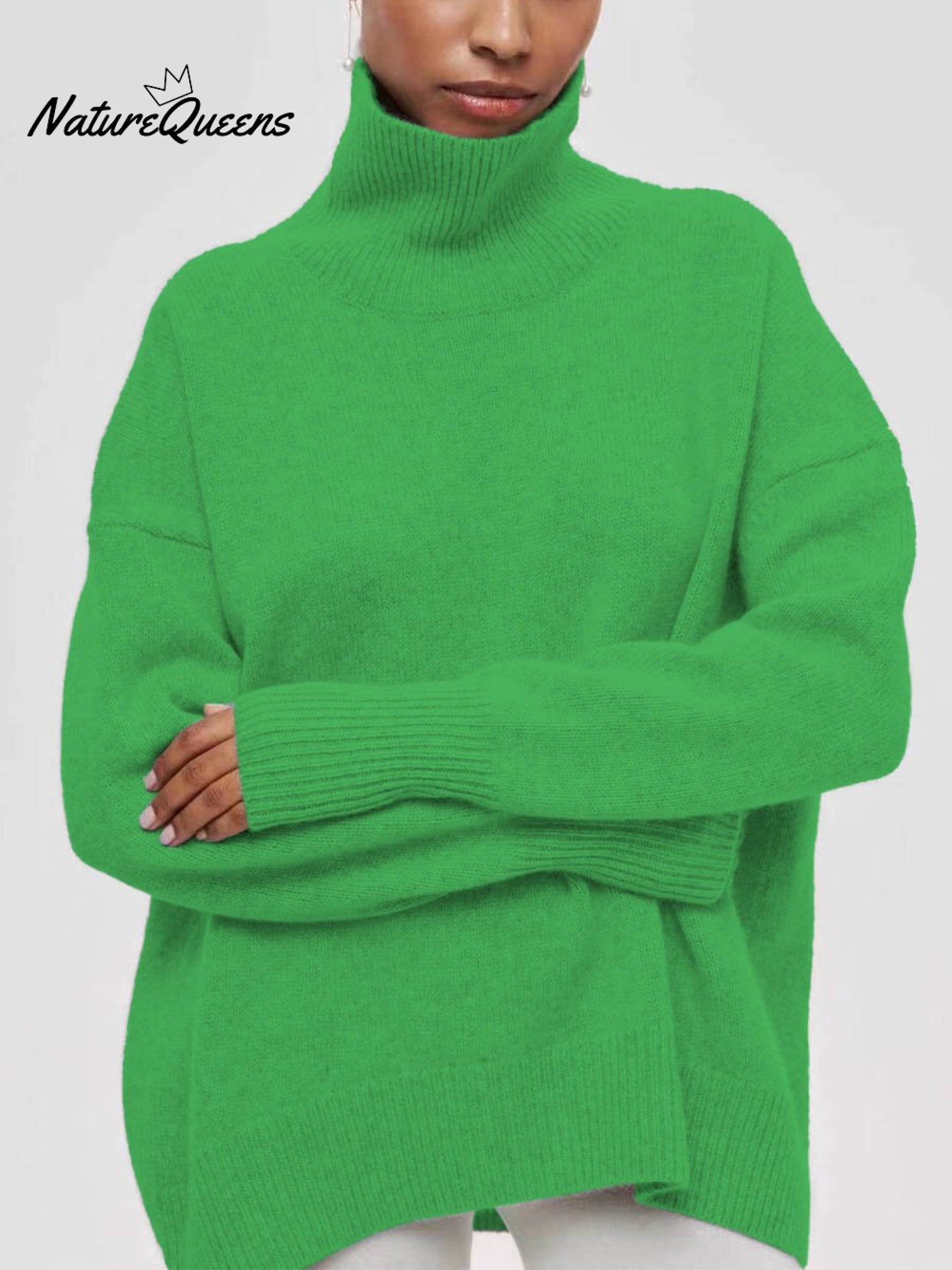 Women's Solid Color Stylish Long-sleeved Loose turtleneck Warm Casual Knitted Sweater