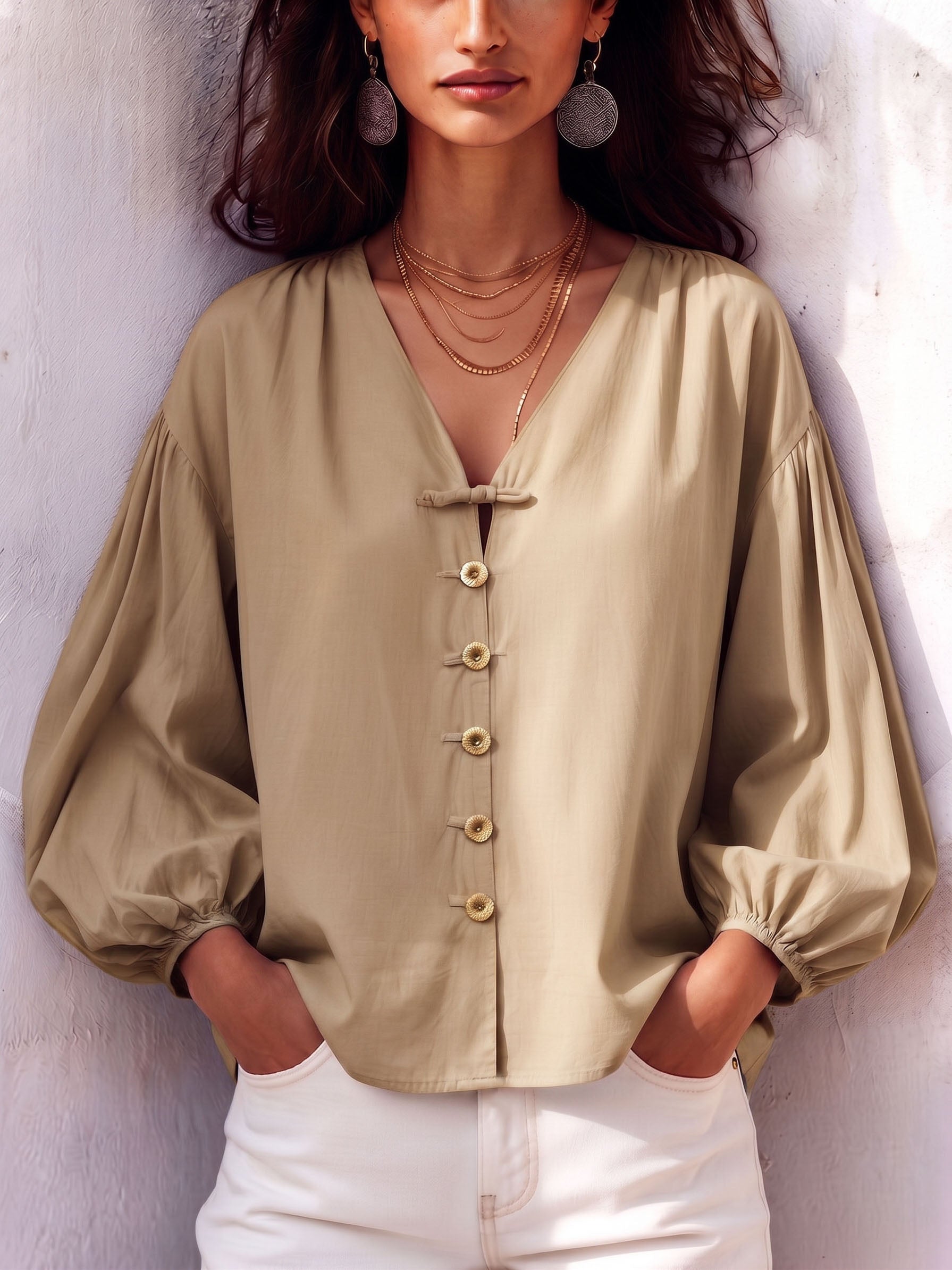 Retro V-neck Knot Button Lantern Sleeve Cotton Blouse
