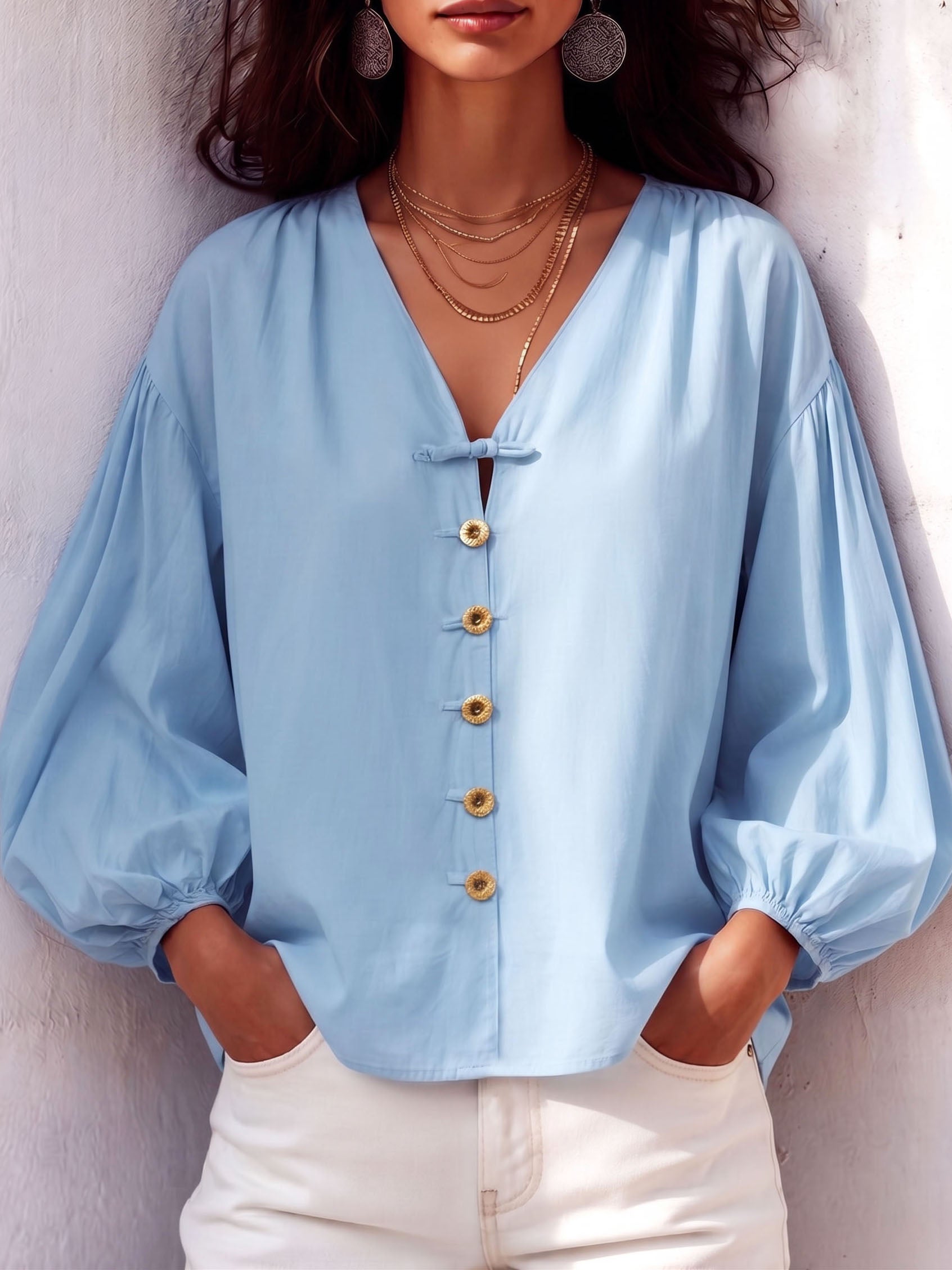 Retro V-neck Knot Button Lantern Sleeve Cotton Blouse
