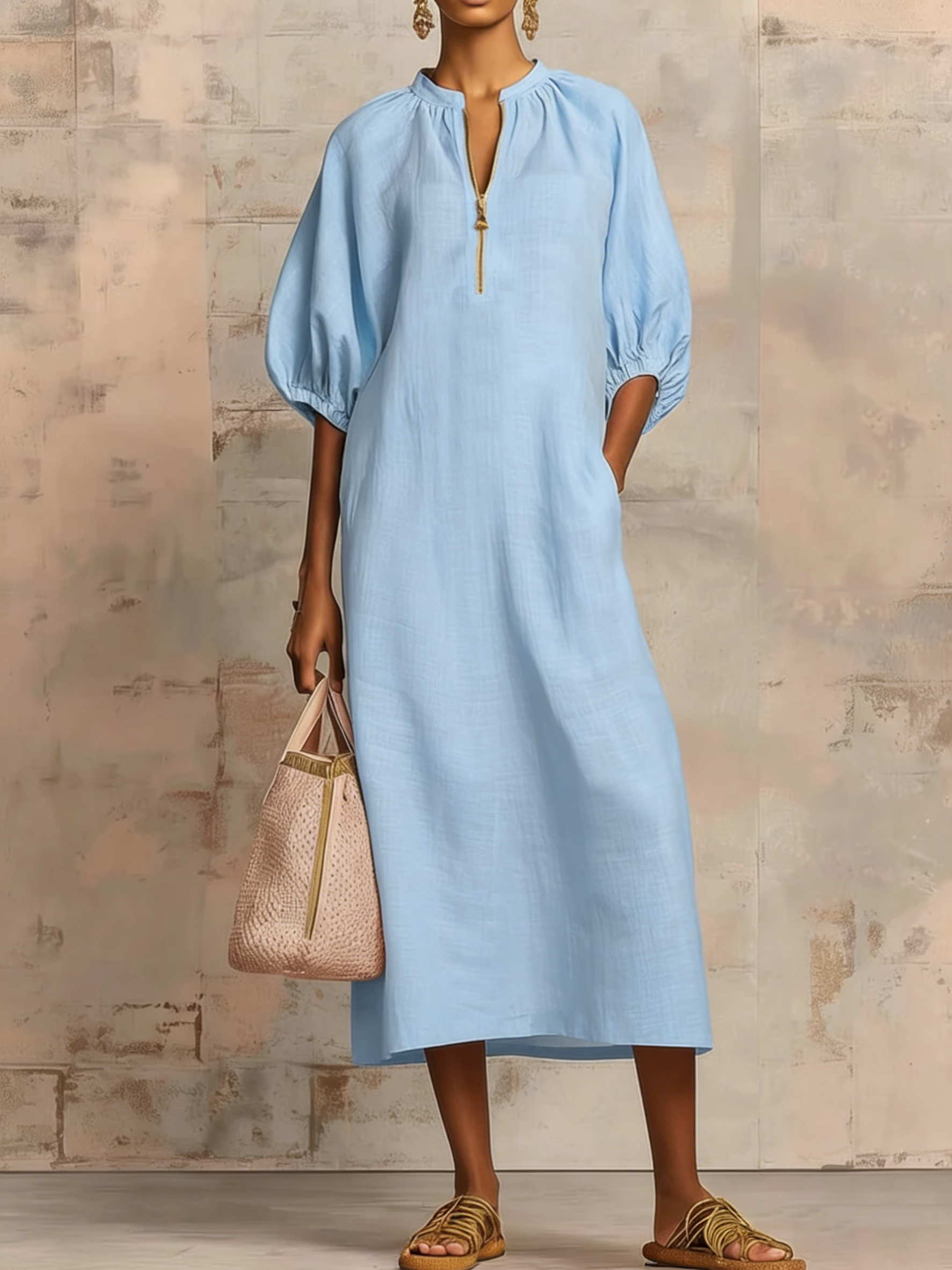 Stylish Zippered Loose Linen-cotton Midi Dress