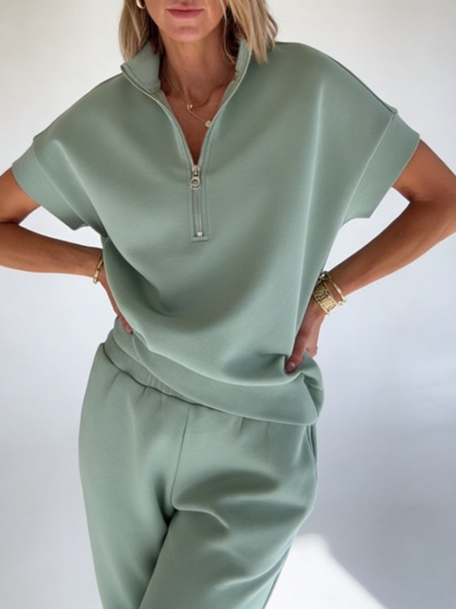 Cozy Travel Stand-collar Zip Sweatshirt & Pants Two-piece Set