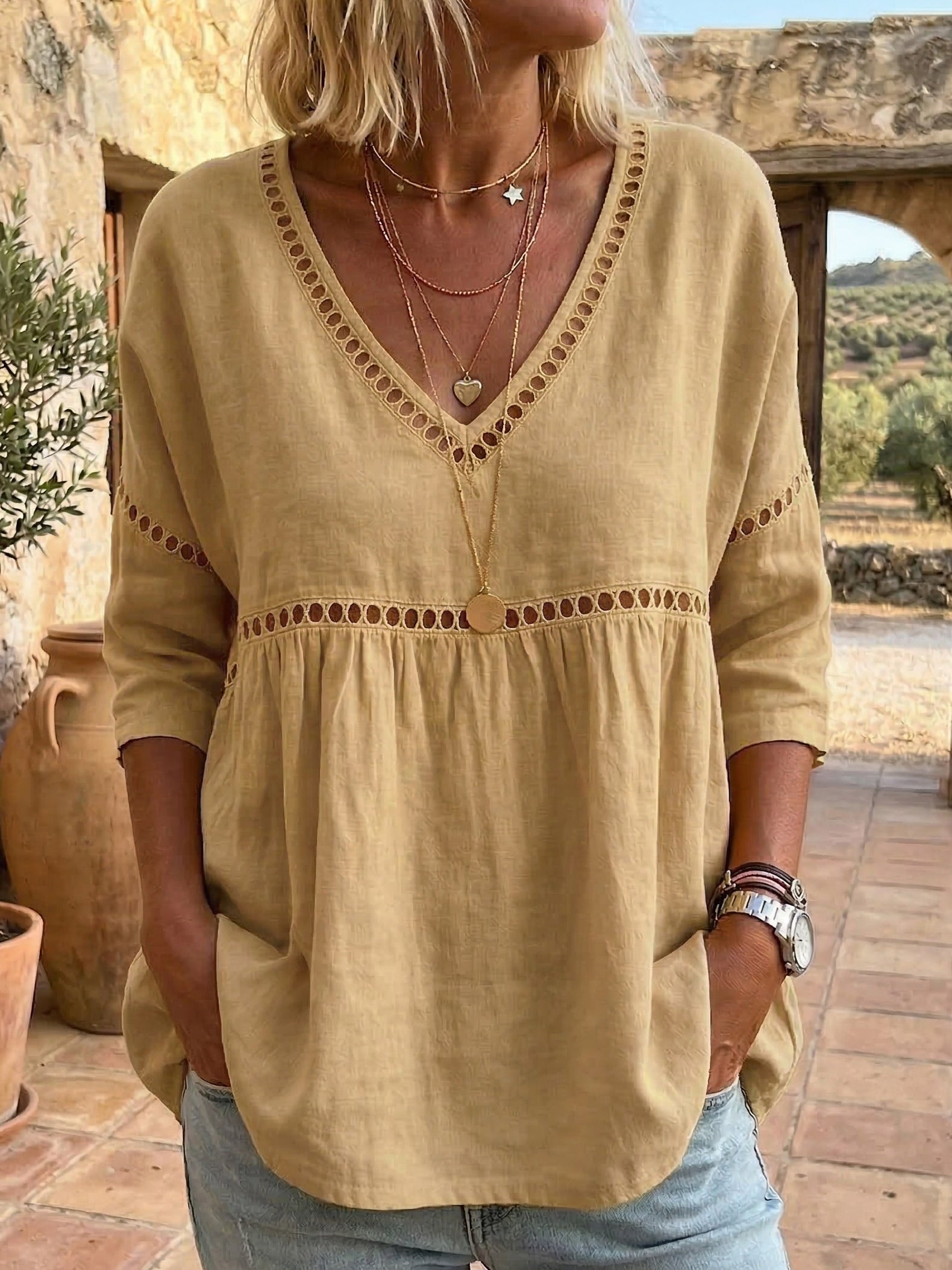 Cozy Hollow-out Patchwork V-neck Linen-cotton Blouse