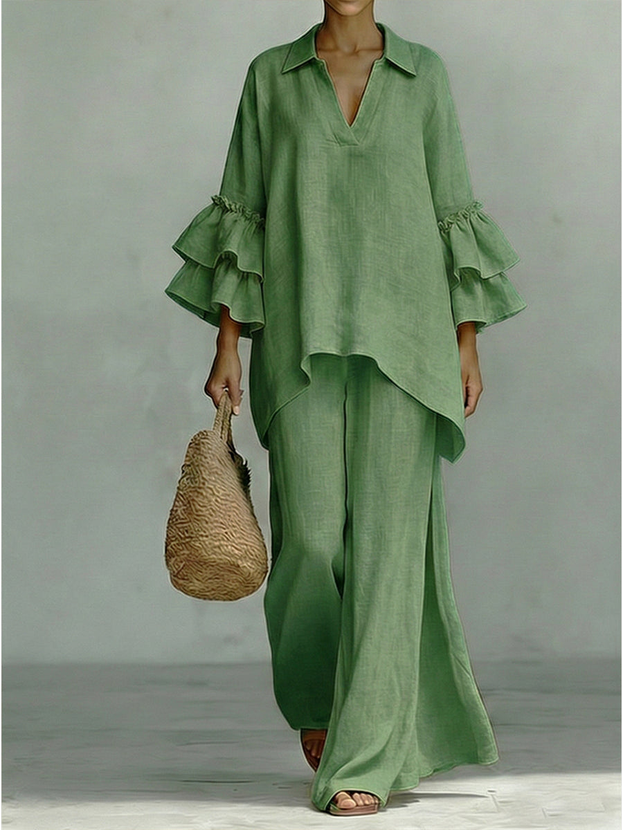 Casual Linen And Cotton Shirt And Wide-leg Pants Two-piece Set