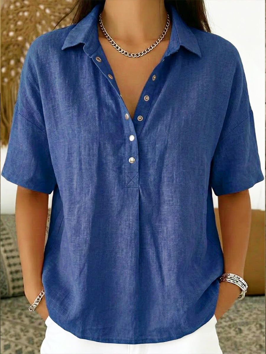 Women’s Cotton Linen Polo Shirt – Casual Short Sleeve Summer Top