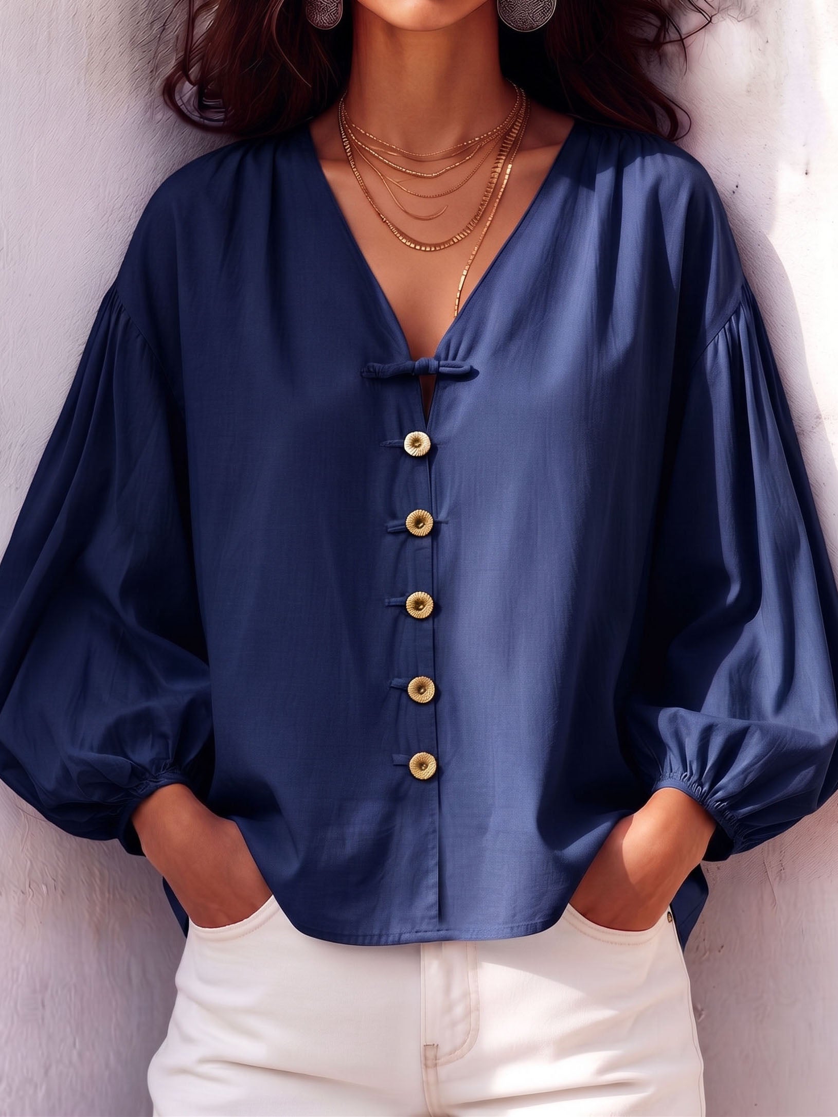 Retro V-neck Knot Button Lantern Sleeve Cotton Blouse