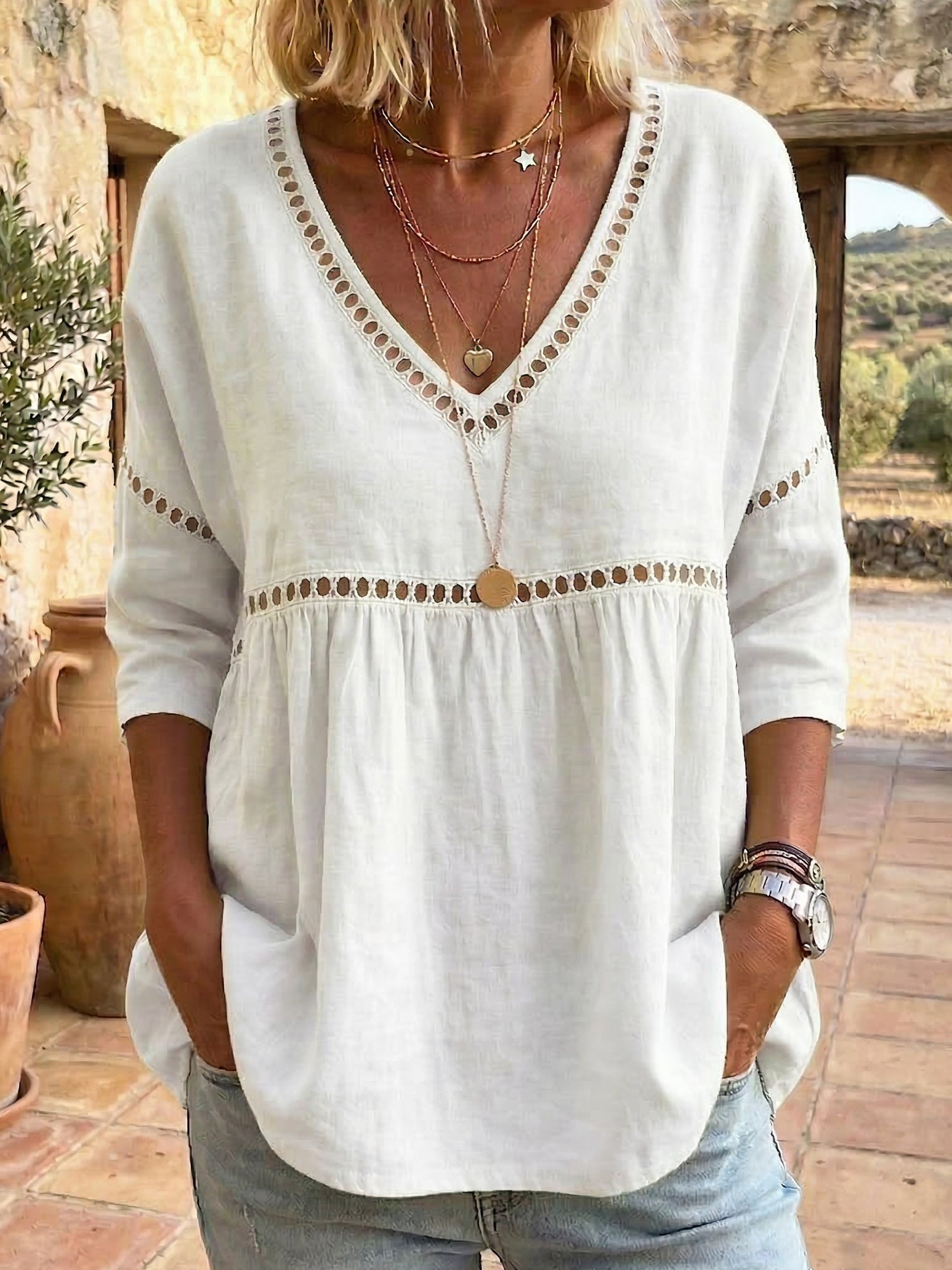 Cozy Hollow-out Patchwork V-neck Linen-cotton Blouse