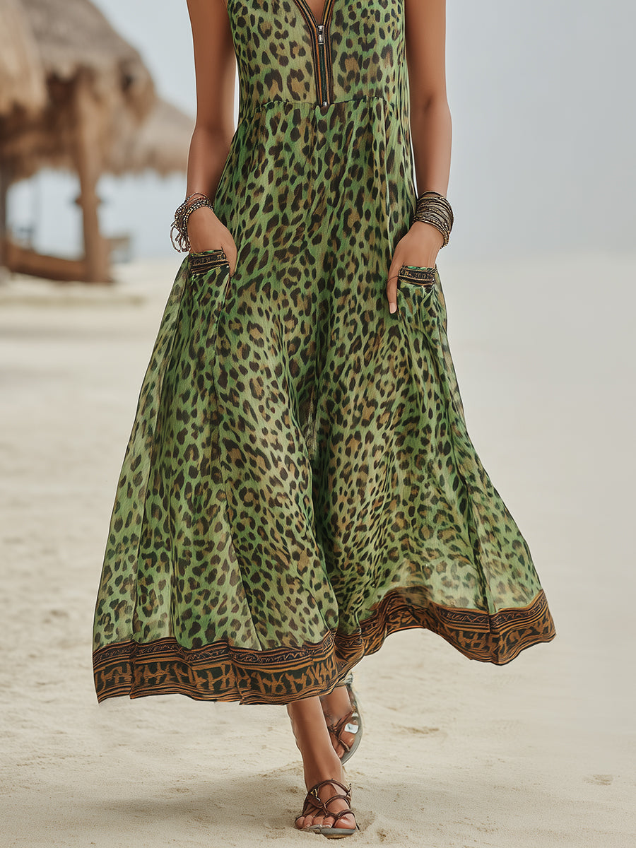 Women's Retro Casual Green Leopard Print Art Hooded Midi Dress