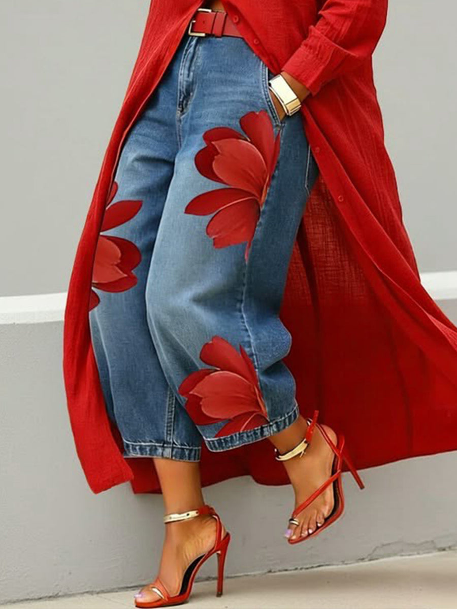 Women's Artistic Ink Print High Waist Stretch Casual Jeans