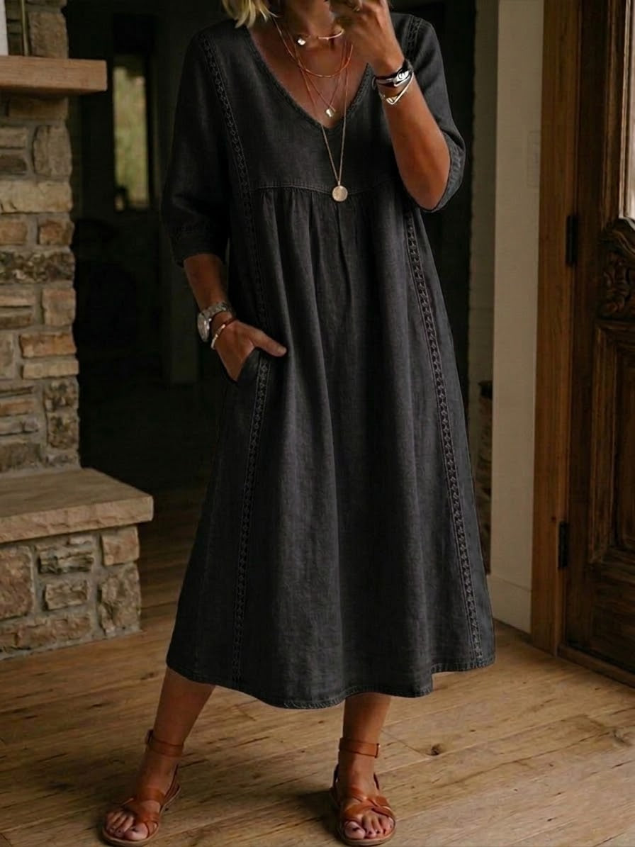 Casual Loose-fitting Patchwork Lace Trim Linen And Cotton Dress
