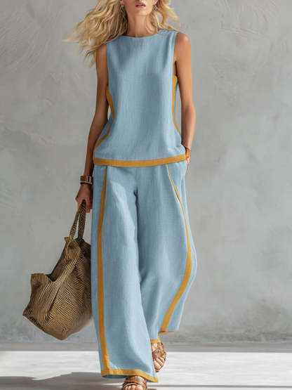Women's Round Neck Sleeveless Casual Loose Top And High-waisted Loose Wide-leg Pants Cotton And Linen Set.