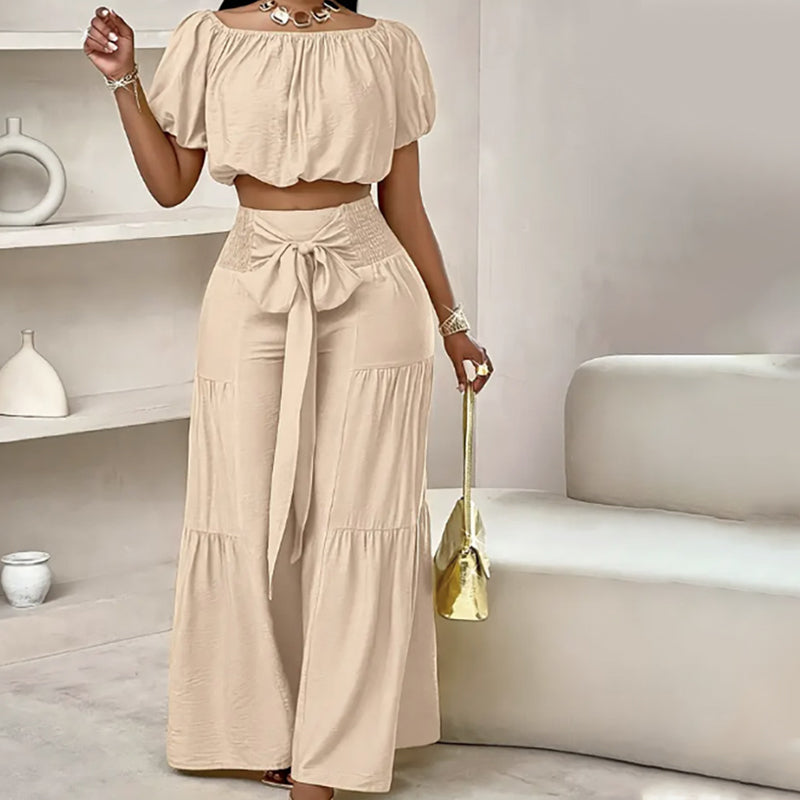 Off-Shoulder Puff Sleeve Top & Wide-Leg Pants 2-Piece Set – Elegant, Comfortable & Perfect for Summer Days ☀️