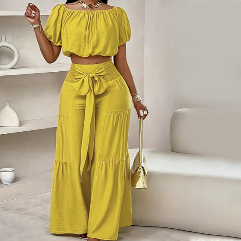 Off-Shoulder Puff Sleeve Top & Wide-Leg Pants 2-Piece Set – Elegant, Comfortable & Perfect for Summer Days ☀️