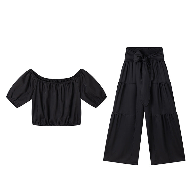 Off-Shoulder Puff Sleeve Top & Wide-Leg Pants 2-Piece Set – Elegant, Comfortable & Perfect for Summer Days ☀️