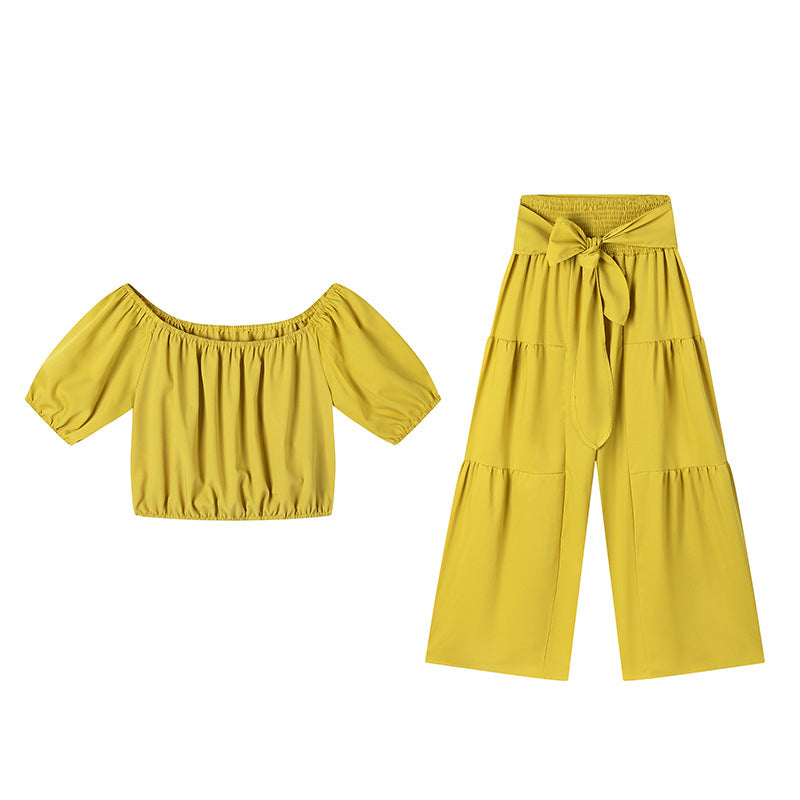 Off-Shoulder Puff Sleeve Top & Wide-Leg Pants 2-Piece Set – Elegant, Comfortable & Perfect for Summer Days ☀️