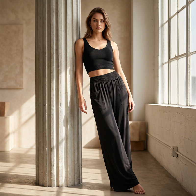 Women's Casual Wide Leg Pants – Milk Silk Fabric & Elastic High Waist 🌸