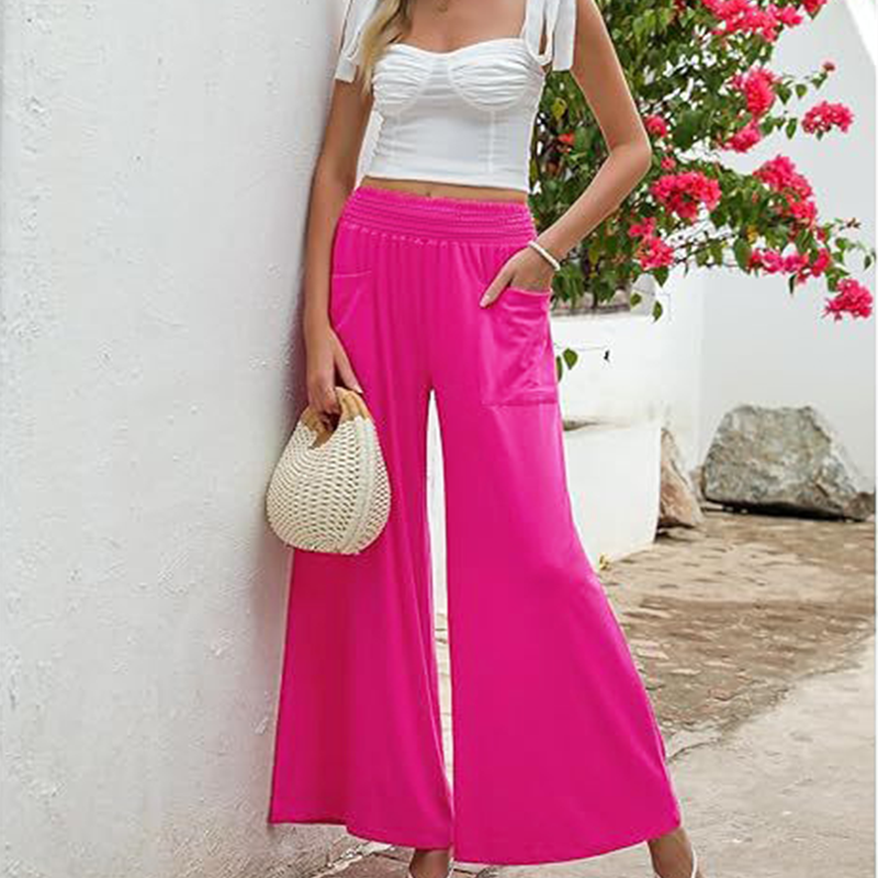 Women's Casual Wide Leg Pants – Milk Silk Fabric & Elastic High Waist 🌸