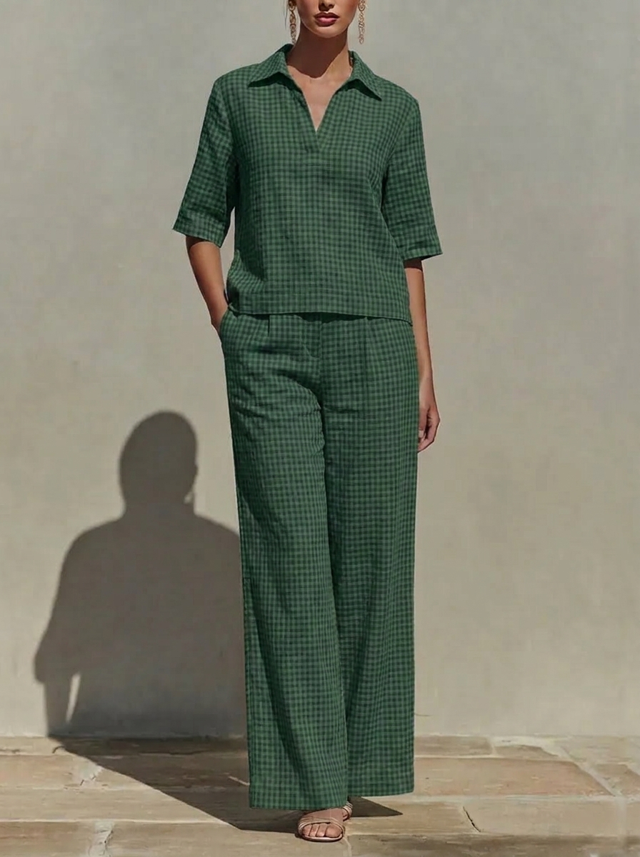 Today $43.99 Clearance Price🔥Women’s Cotton Linen Gingham V-Neck Wide Leg Set