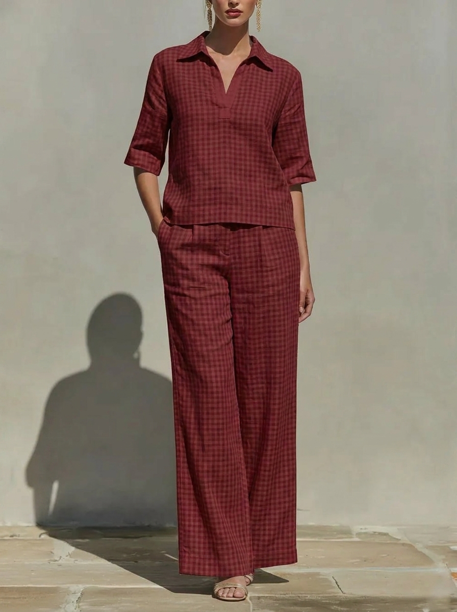 Today $43.99 Clearance Price🔥Women’s Cotton Linen Gingham V-Neck Wide Leg Set